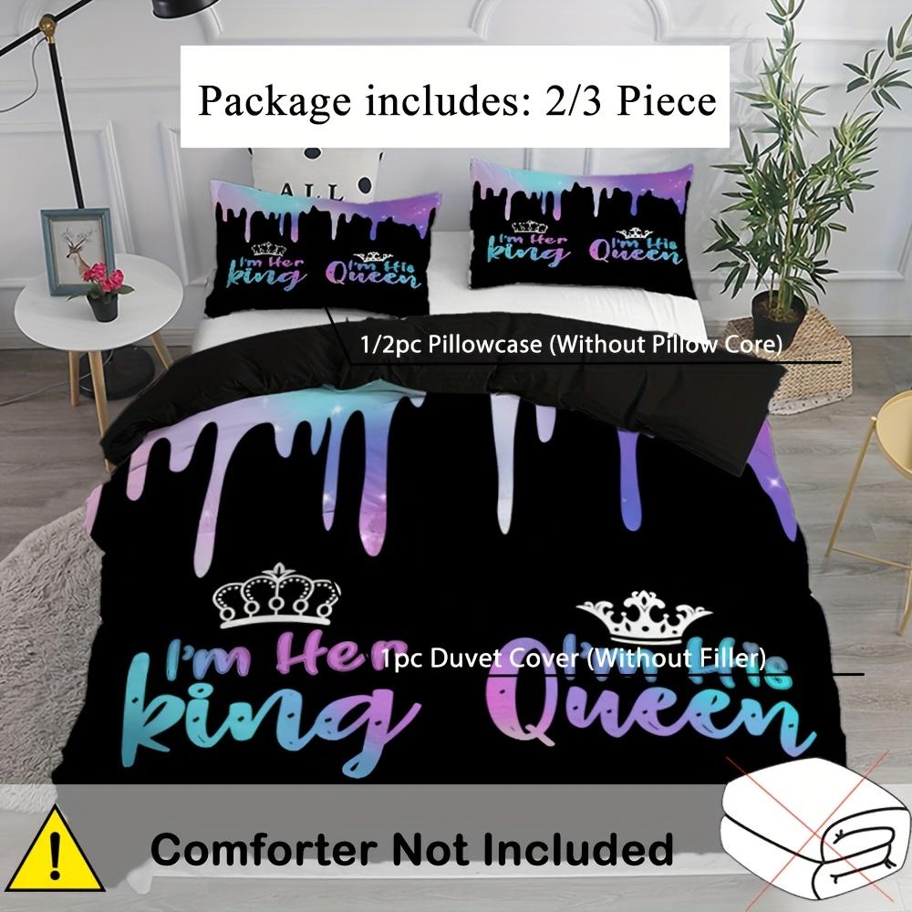 2/3Pcs Crown King & Queen Letter Print Duvet Cover Set (1 Duvet Cover + 1/2 Pillowcase Without Core) Soft Comfortable Couple