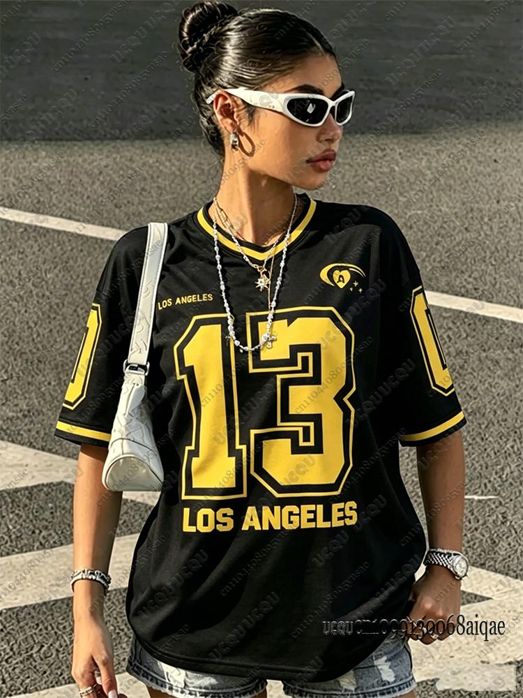 Los Angeles Nr. 13 Bedrucktes T-Shirt Für Damen Sommer V-Ausschnitt Kurzarm Sport Fußballtrikot Lässig Y2K Locker Übergröße Oberteile