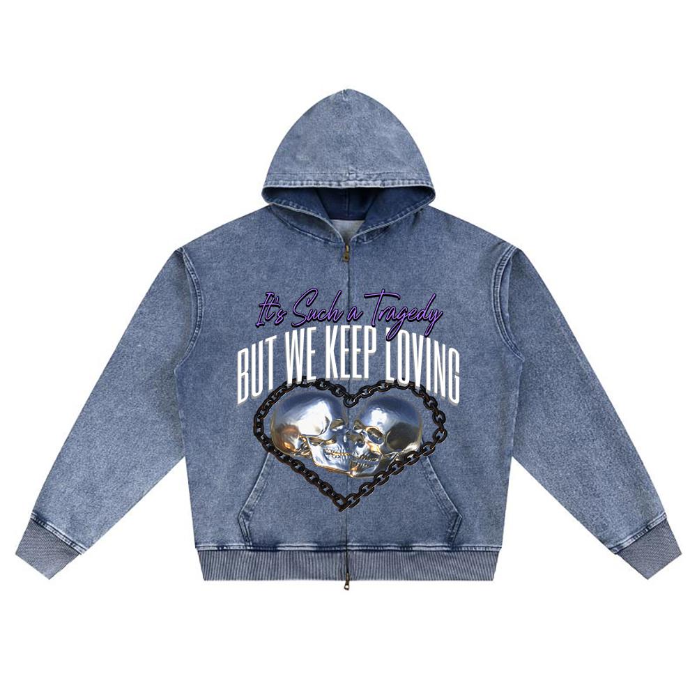 DTG-Druck Strick-Denim Zip-Up Hoodie Keep We Keep Loving Brother Print Reißverschluss-Hoodies