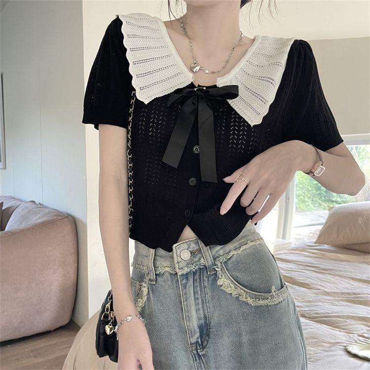Doll Collar Hollowed-out Short-sleeved Knitted Cardigan for Women Sweet Scalloped Turnover Collar Short College-style Elegant Top In Summer