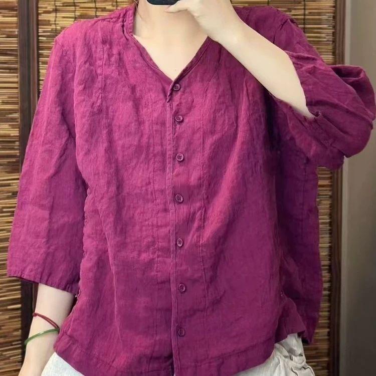 Women's Loose Cotton-Linen Cardigan Top with 3/4 Sleeves