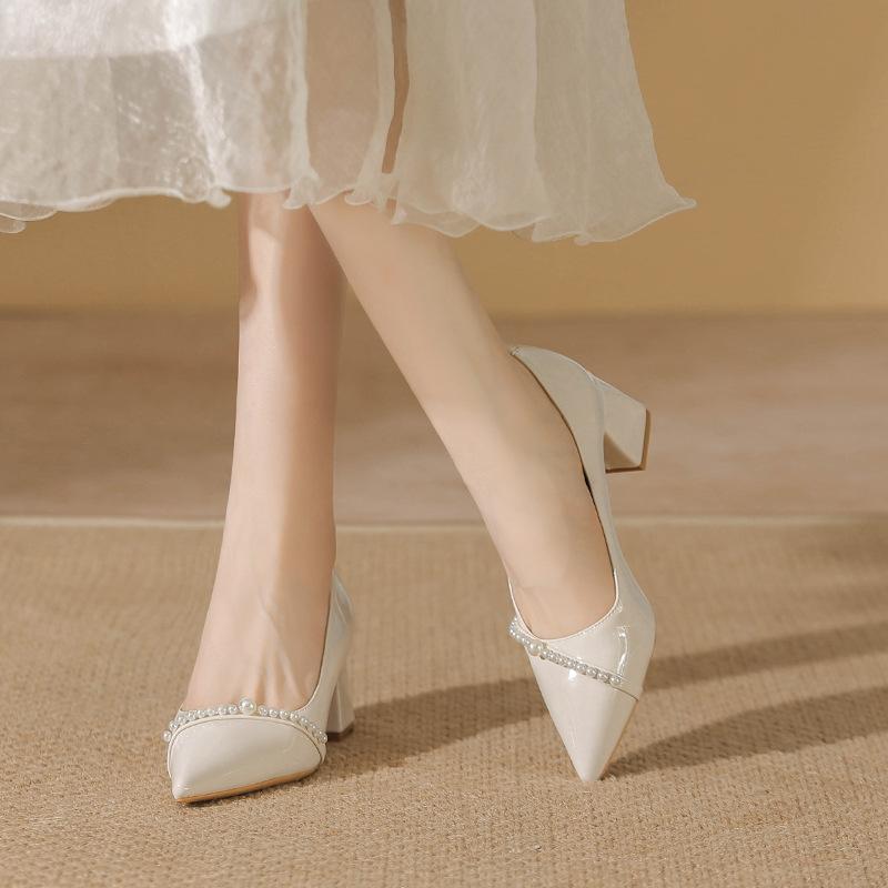 Wedding Shoes Bride Shoes New Temperament Pointed High Heels Women's Pearl Thick Heel Single Shoes Bridesmaid Shoes Women