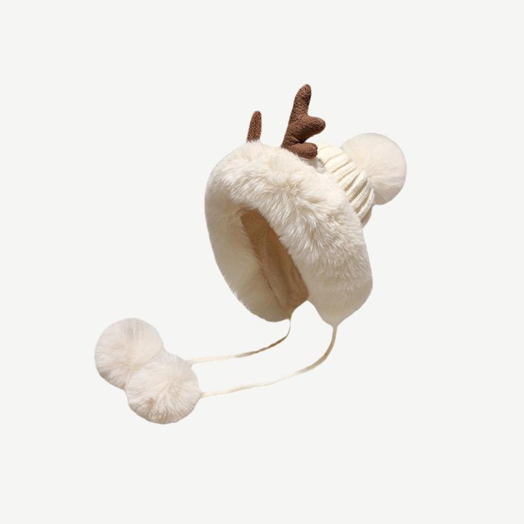 Women's Korean Style Plush Antler Pom-Pom Winter Hat with Ear Protection