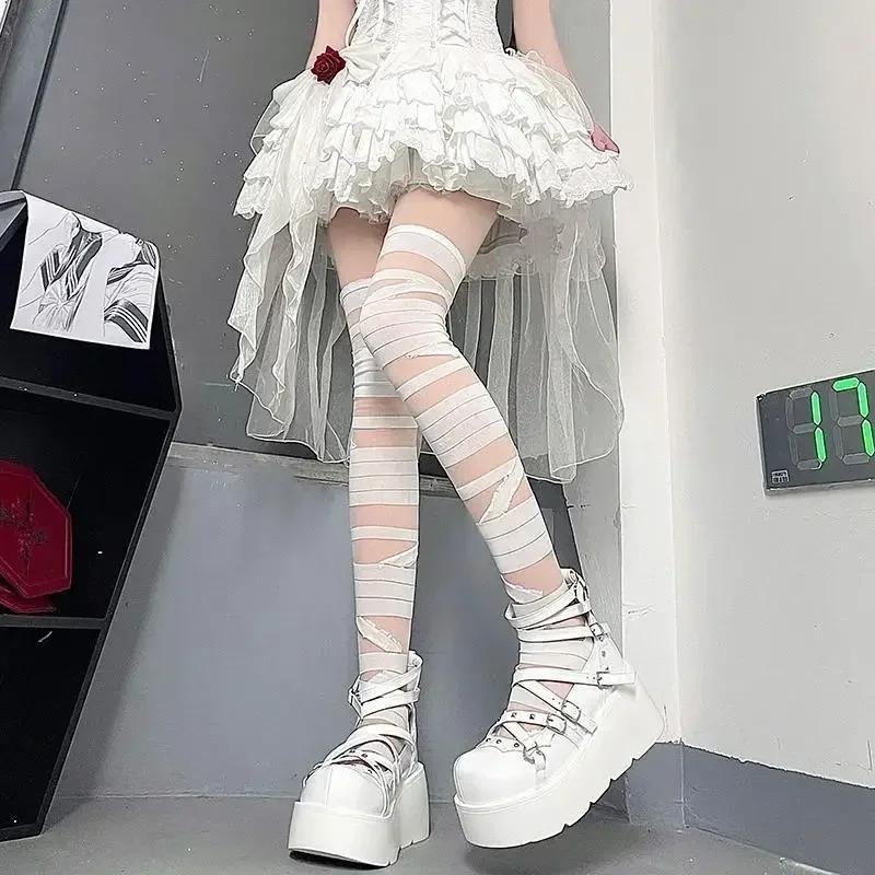 Y2K Hollow Out Stockings Women Punk Sexy Tights Leggings Jk Lolita Over The Knee Hosiery Female Broken Hole Fishnets Long Sock