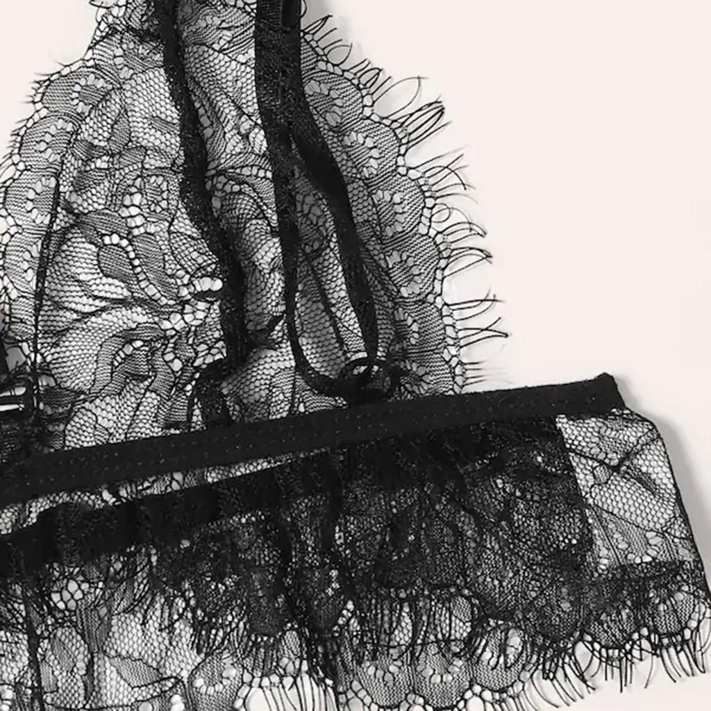 Women V-Neck Floral Lace  Bra Open Crotch Thong Black Lingerie Set S-2XL