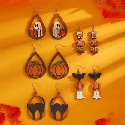 20.25 Million Gothic Black Cat Ghost Pumpkin Splicing Triple Pendant Earrings Wooden Funny Earrings Wholesale