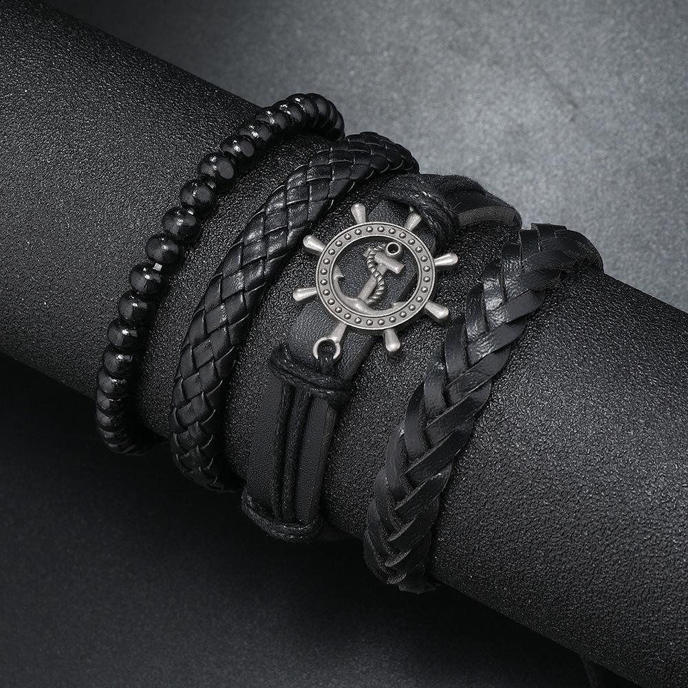Amazon European and American cross-border retro metal rudder leather bracelet versatile woven 4-piece combination beaded hand jewelry