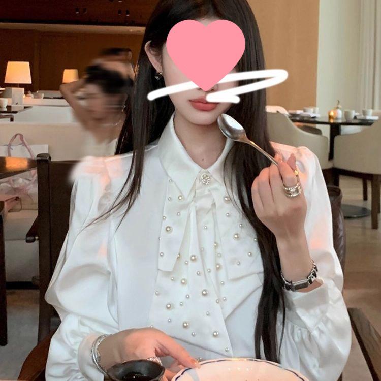 Women s Spring Slimming Beaded Bowknot Top with Pearl Waist-Cinching Large белый