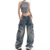 Women's High Waist Wide Leg Cargo Jeans Light Weight Slight Stretch Vintage Washed Multi Pocket Y2K Streetwear Floor Length Denim Trousers