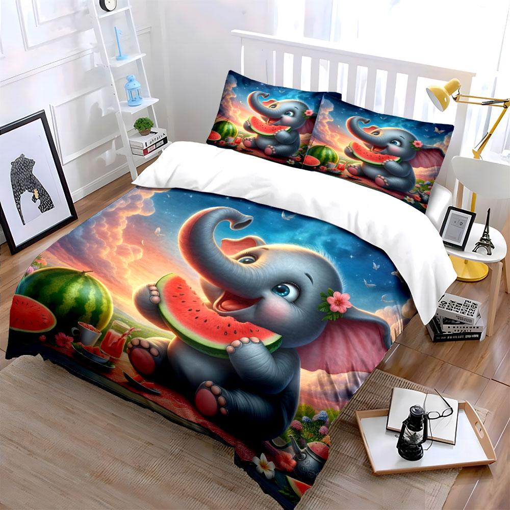 Cute Elephant Picnic Decor Bedding Set With 1 Duvet Cover 2 Pillowcases Single Double King Queen, Gift