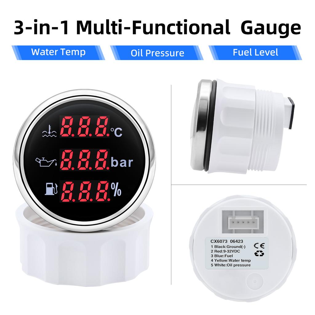 52mm Digital 3 in 1 Waterproof Car Boat Gauge For 12V24v Water Temperature Oil Pressure Voltmeter Fuel Level With Alarm Signal