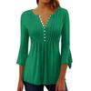 Solid Color Hollow Out V Neck Button Petal Sleeve Loose Commuting Women T Shirt
