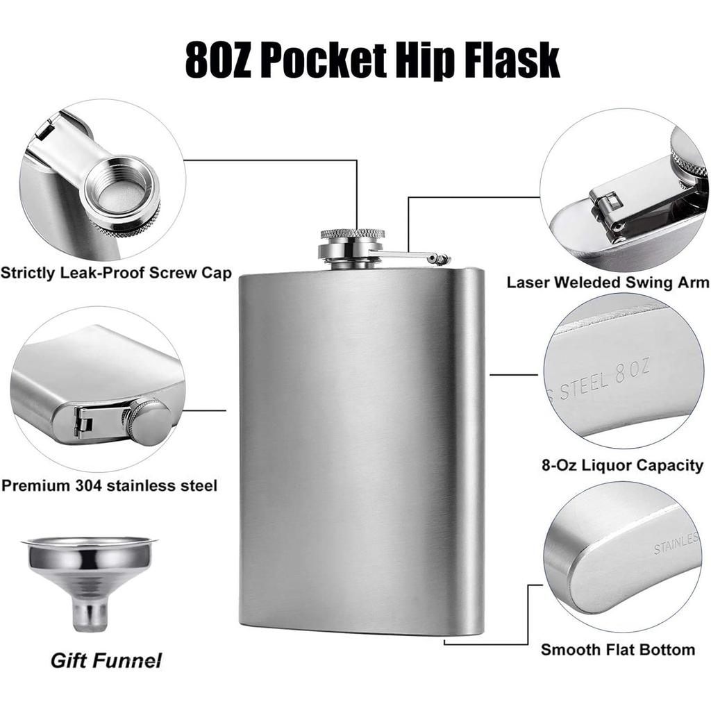 Flasks for Liquor for Men Stainless Quality Hip Flask 8oz Pocket Engraved Wine Drink Pot Alcohol Flagon Metal 220ml Whiskey Flask (8oz, Silver)