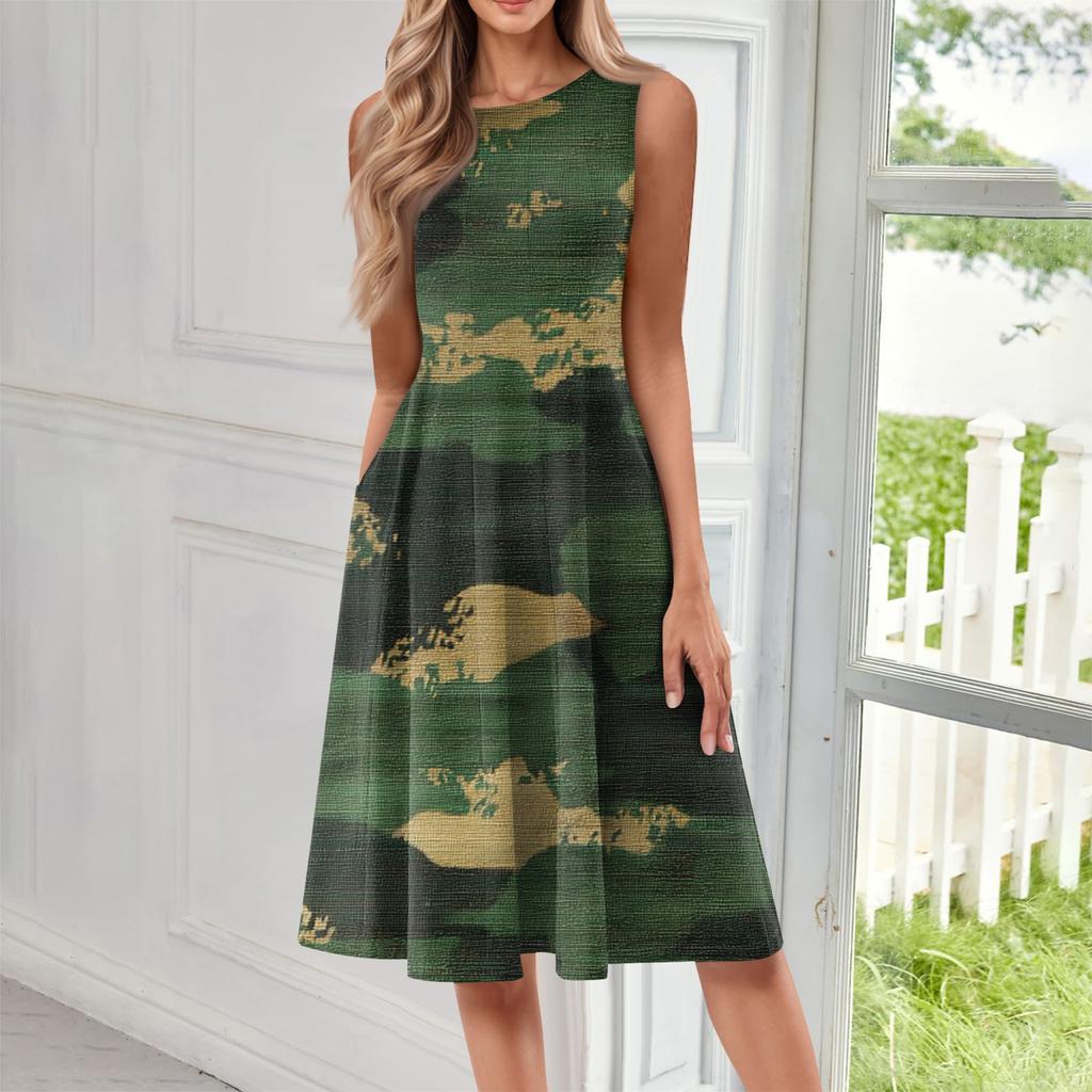 Women's Fashionable Round Neck Sleeveless Printed Casual Pullover Mid Length Dress