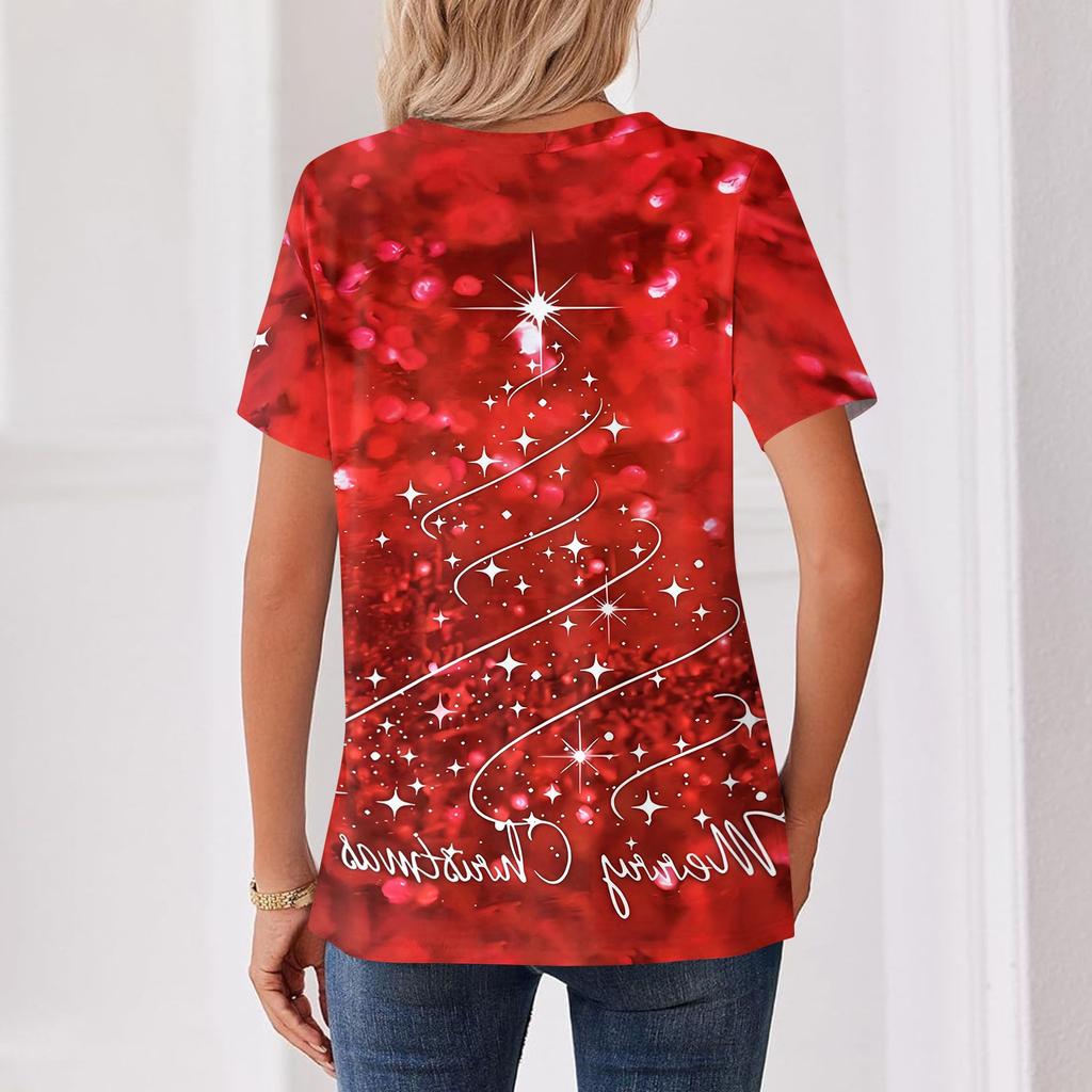Women's Christmas Print V-Neck Short Sleeve T-Shirt with Decorative Buttons Casual Top