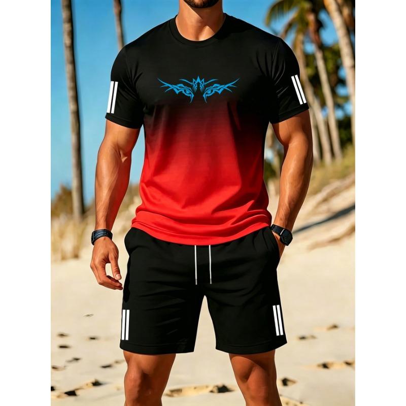 Summer New Men'S Casual Style Gradient Athletic Set, Gradient Short Sleeve T-Shirt And Drawstring Shorts
