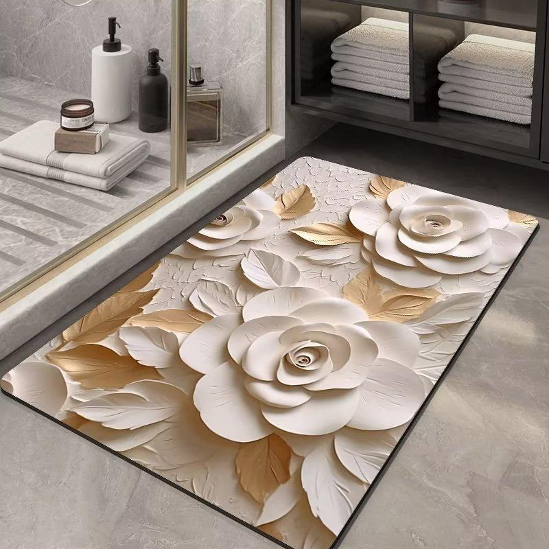 3D Effect Emboss Flowers Carpet Living Room Sofa Bedroom Study Bathroom Kitchen Entrance Door Mat Non-slip Luxury Decor Rug