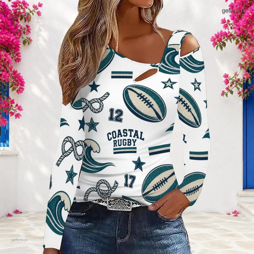 Women Plus Size White Asymmetric Cutout Neck Cold Shoulder Long Sleeve Sailboat Printed Top