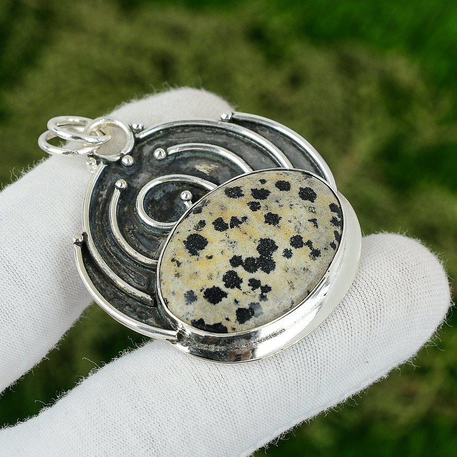 

925 Silver Oval Natural Dalmation Jasper Anniversary Art Deco Pendant Jewelry