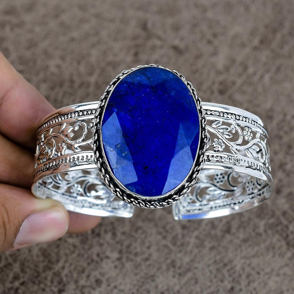Burmise Sapphire Gemstone 925 Sterling Silver Cuff Bangle Adjustable KKG-220