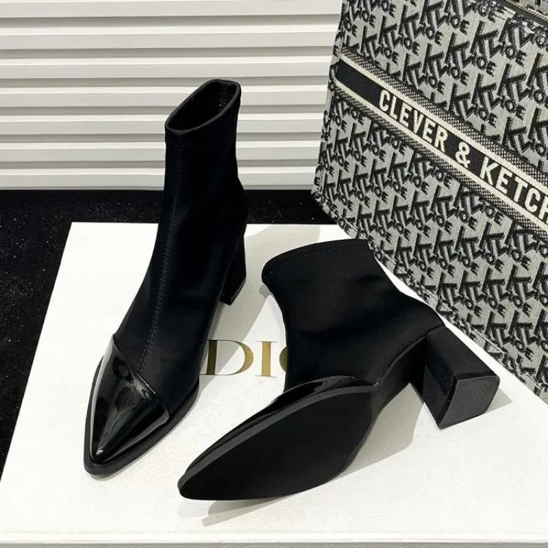 Ankle Boots Women Chunky Mid Heels Suede Shoes Woman Pointed Toe 2024 Trend Winter New Goth Walking Snow Chelsea Botas De Mujer
