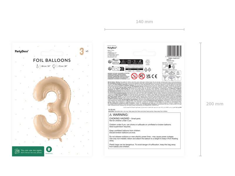 Balon Foliowy Cyfra 3, 72Cm, Beżowa, Kremowa
