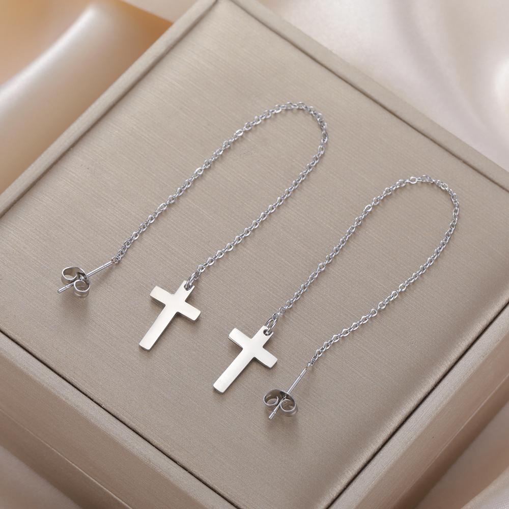 Dawapara Cross Long Earrings for Women Stainless Steel Tassel Earrings Christian Symbol Minimalism Cross Charm Religious Jewelry