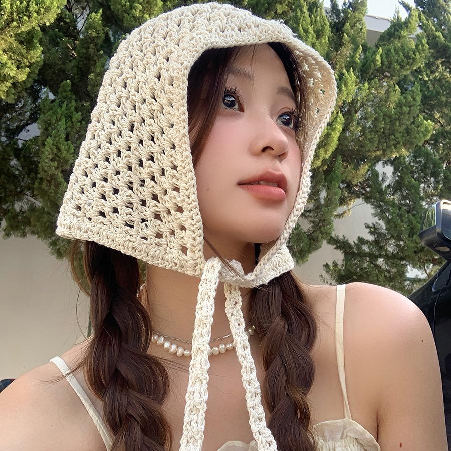 Summer Triangle Towel Korean Ins Hand-Woven Hollowed-Out Headscarf Hat Headdress Headgear Headgear Knitted Crochet Wool Hat
