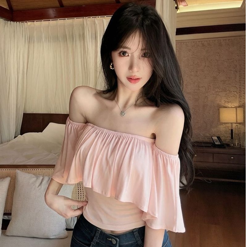One-word Shoulder Ruffle Edge Super Fairy Short-sleeved T-shirt Women's Summer Pure Desire Hot Girl Sexy Off-the-shoulder Top Is Huge and Beautiful