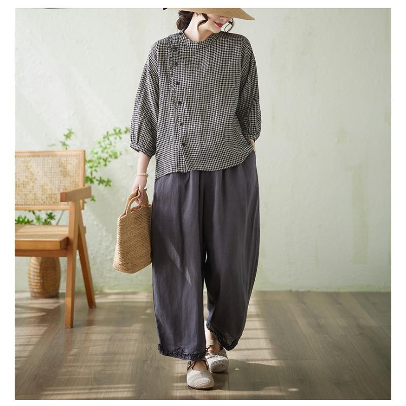 DIMANAF 2026 Plus Size Summer Women Blouse Shirts Tunic Oversize Loose Casual Lady Tops Vintage Lady Plaid Black