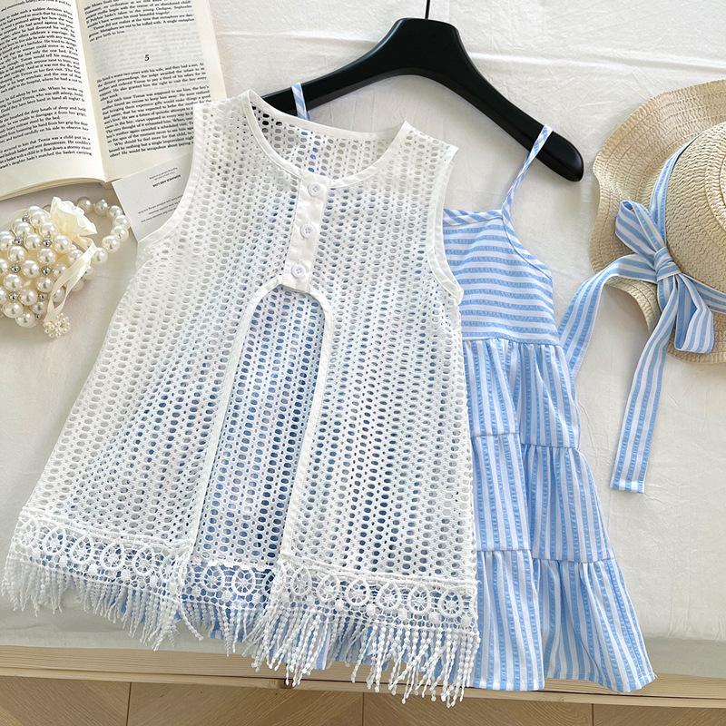 Girls Summer Striped Dress Set With Crochet Cover Up Trendy Two Piece Outfit For Kids Fashion Hollow Lace Top And Skirt 90cm