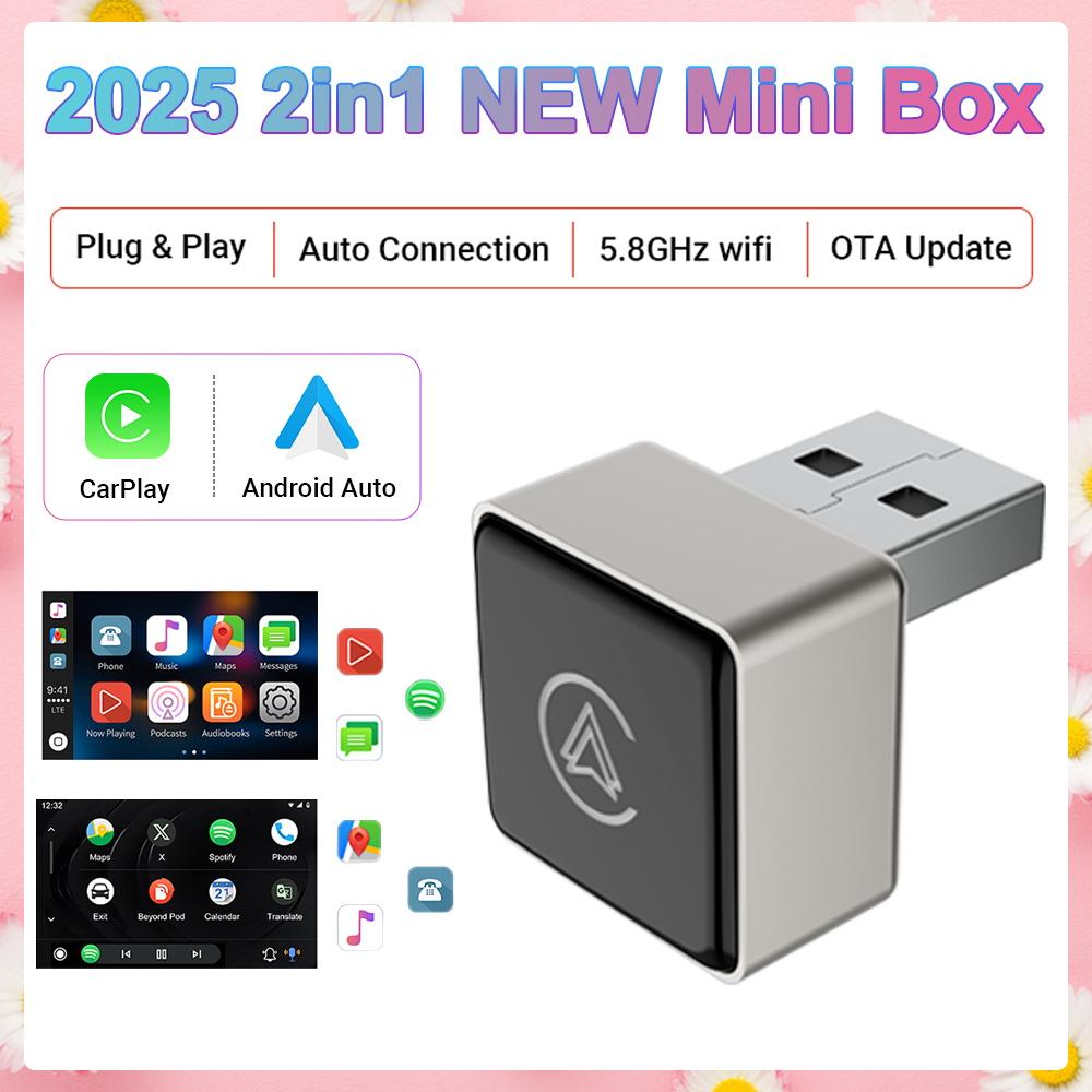 2025 New Upgrade Wired To Wireless Carplay Android 2In1 Adapter Car Gadget Smart Box Plug&Play 5Ghz Wifi Fast Connect Mini Box