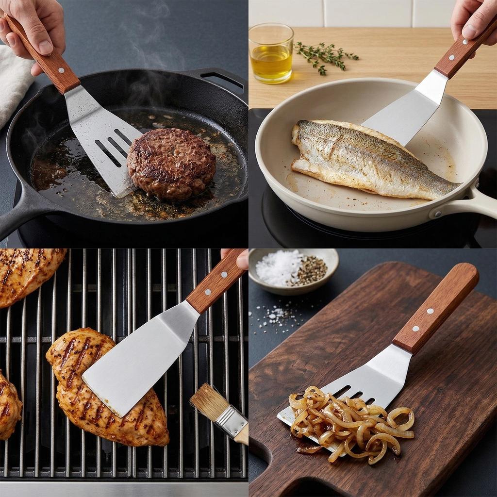 Multi-functional Stainless Steel BBQ Spatula with Wood Anti-slip Handle for Outdoor Grilling and Steak Frying