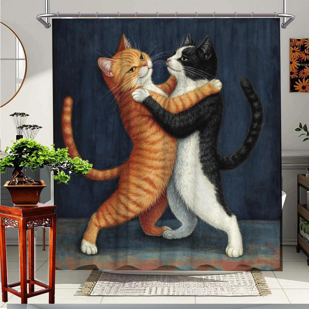 

1pc Dancing Cats Shower Curtain, Vibrant Feline Pair Illustration for Bath and Yard Decor, Whimsical and Charming Cat Print for 90x180cm