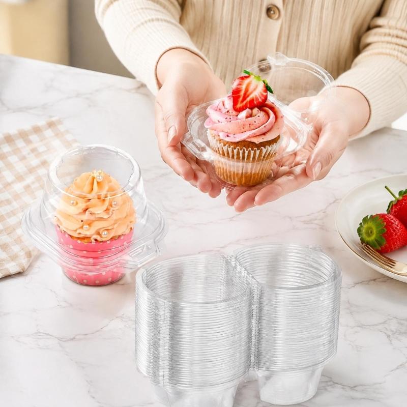 Individual Dessert Packages in Clear Plastic with Hinged Domed Covers and Fold-Over Fasteners for Takeout Display