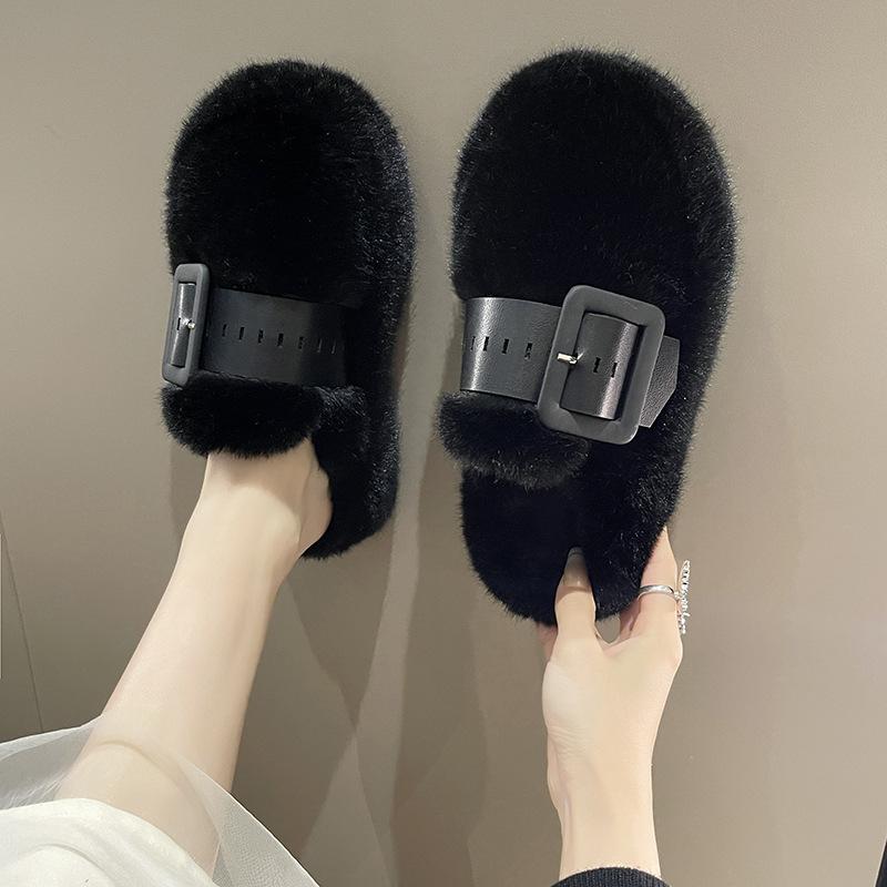 Thick-soled Fluffy Slippers Women's Slippers Outer Wear 2025 New Autumn and Winter Super Fire Bag Head Half Slippers Cotton Slippers