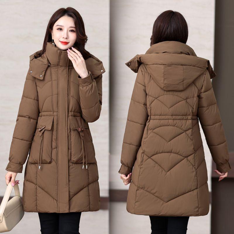 Winter Women Medium To Long Cotton Jacket Thickened Warm Casual Stand Collar Hooded Parker Coat Solid Color Warm Cotton Jacket