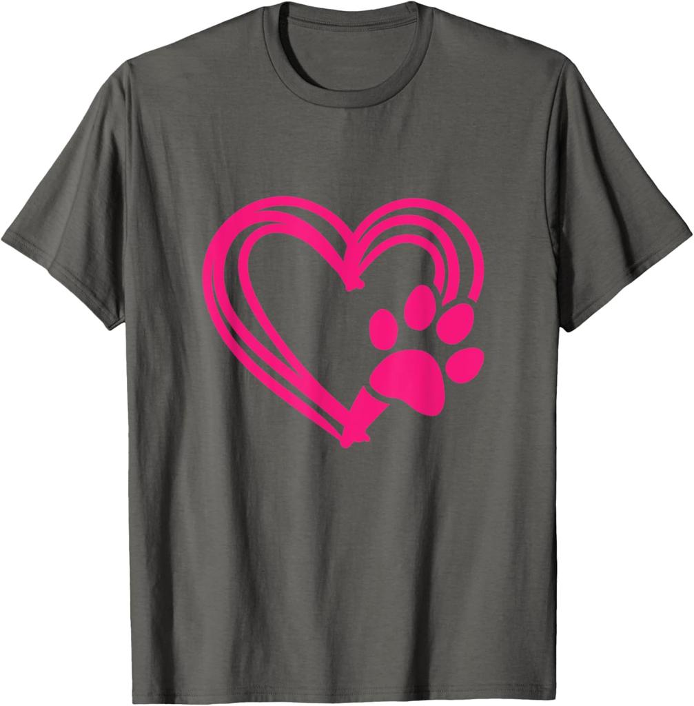Pink Paw Print Heart Graphic Tee Casual Cotton Short Sleeve TShirt for Dog Lovers