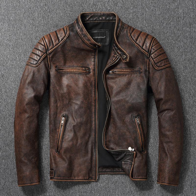 New Leather Jacket Top Layer 100% Cowhide Leather Clothes Men's Stand Collar Motorcycle Clothes  Autumn Winter Plus Size