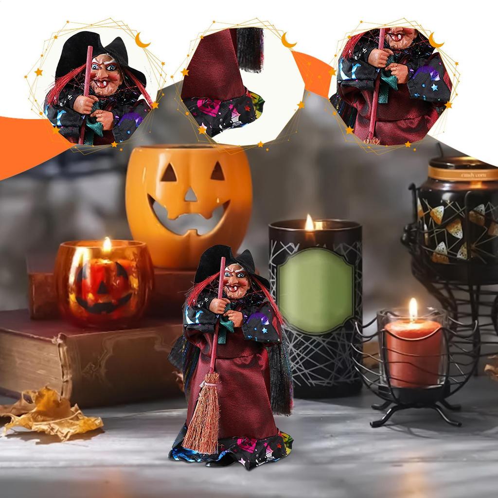 Witch Statue Halloween Witch Decor Spooky Vintage Figure With Broom For Dorm Living Room Party Home Bookshelf Apartment