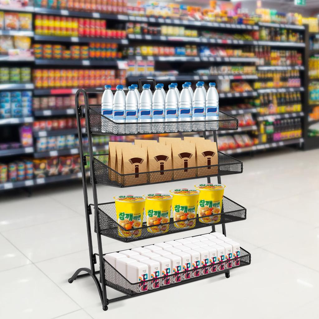 Scaffale Espositore per Caramelle Moderno a 4 Piani con Design Inclinato Nero - Organizer da Banco in Ferro per Snack per Esposizione in Supermercato e Negozio