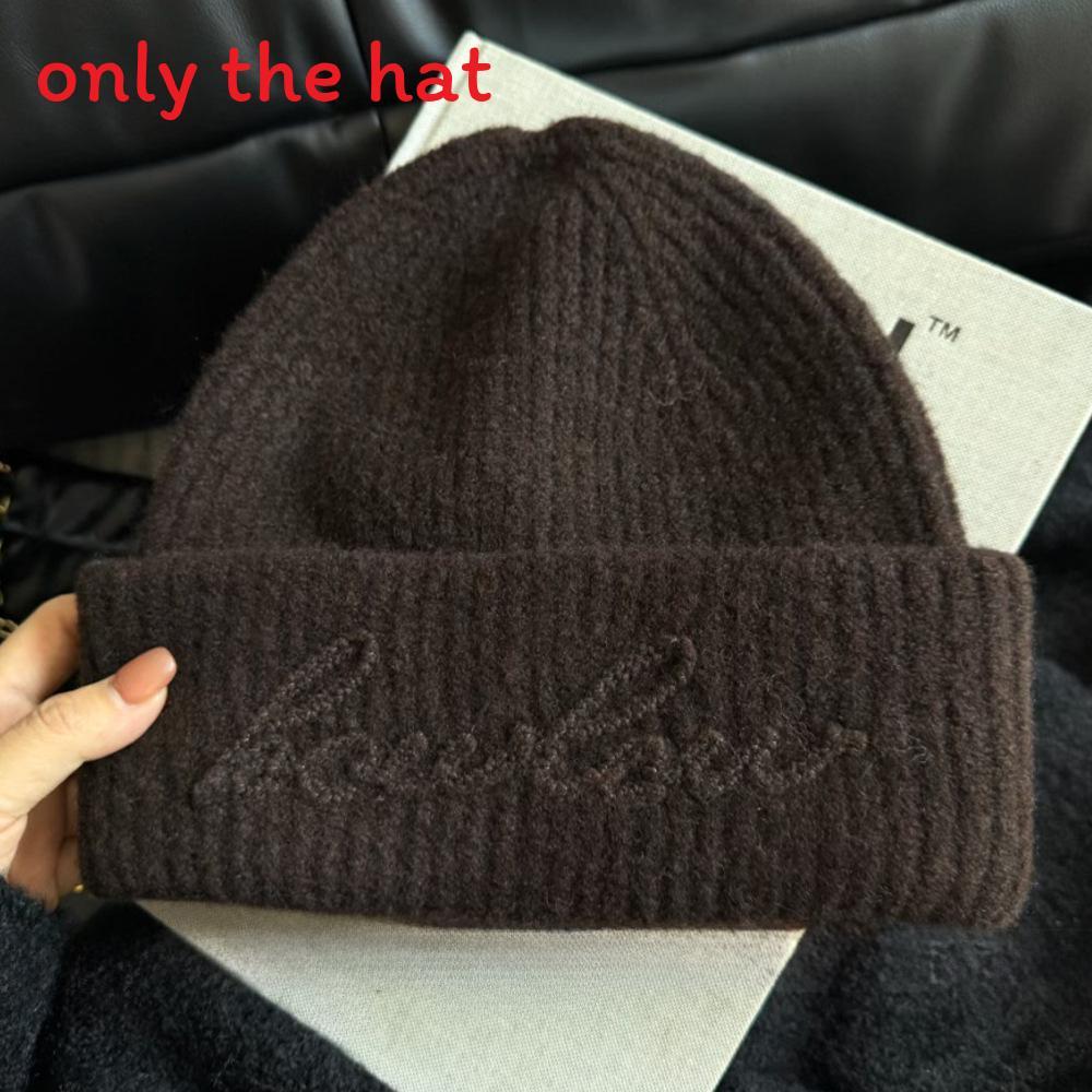 

Wool Knit Hat For Women With Embroidered Letters Warm Winter Accessory For Casual Style Brown