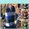 Stylish S-5xl Women's Long Sleeve Plaid T-shirt Blouse With V-neck Design