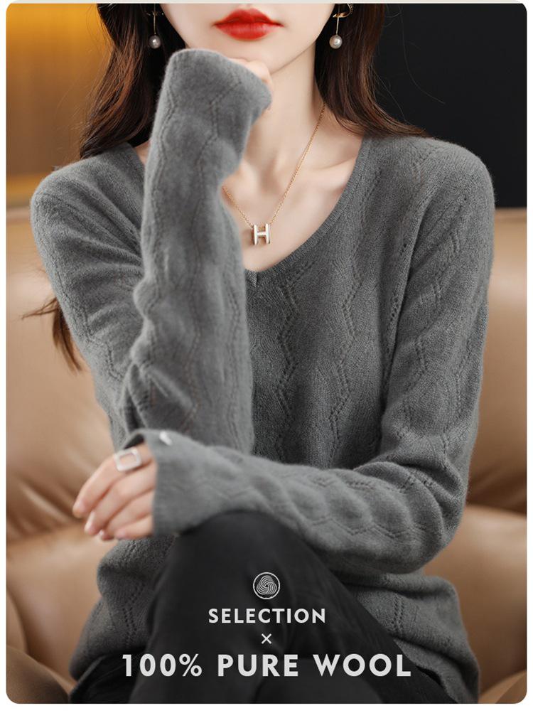 Women's 100% Hollow Wool V-Neck Sweater with Long Sleeves and Loose Collar - Autumn/Winter Style