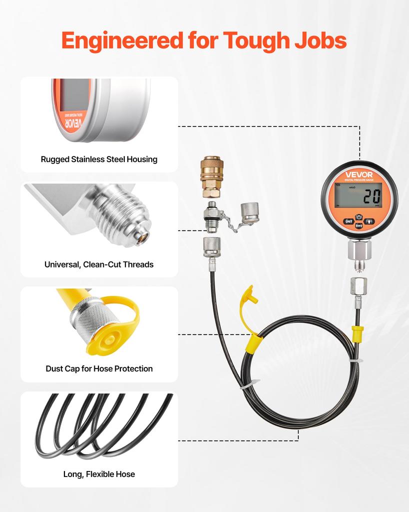 VEVOR Digital Hydraulic Pressure Test Coupling Kit, 700 Bar Pressure Gauge Manometer Tester with 2 Gauges, 9 Test Couplings, 2 Quick-Release Couplers