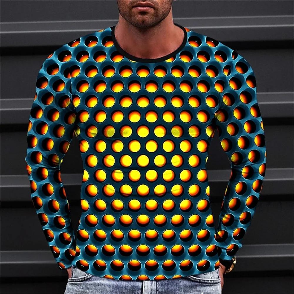Fashionable Men's Printed T-shirt Optical Illusion Round Neck Long Sleeved Street Harajuku Exaggerated Designer Round Neck Top