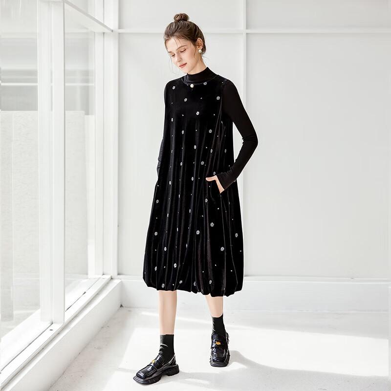 

French Velvet Color-blocked Vest Dress M