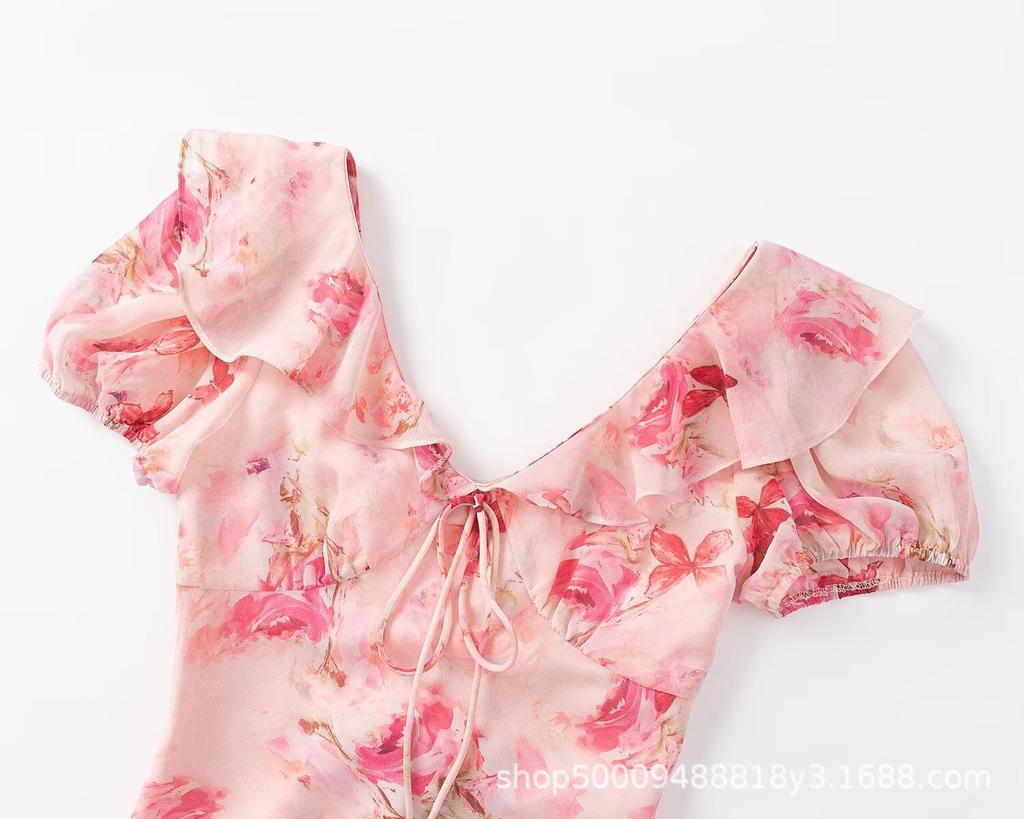 Pure French Retro Coffee Break Print Dress Women's Summer New Oblique Cut Thin Ruffle Edge V-neck Lace-up Dress