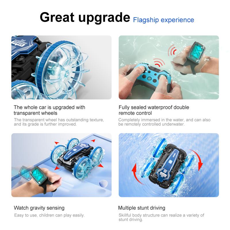 New LED Amphibious RC Car Dual Remote Control Waterproof Stunt Car Double Side Flip Drift Drive 360 ° Rotation Rc Cars Kids Toy Gift