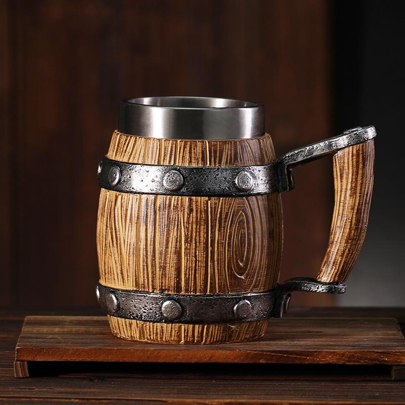 Handcrafted Wooden-Style Barrel Beer Mug with Stainless Steel Lining – Large Capacity